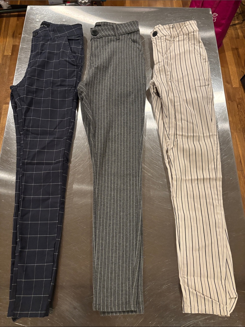 Skinny Fit Men's Navy, Gray & Cream Windowpane and Pinstripe Dress Pants Trio